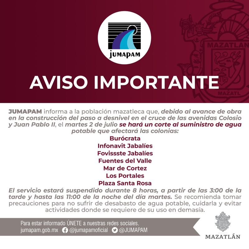 No habrá agua en Mazatlán