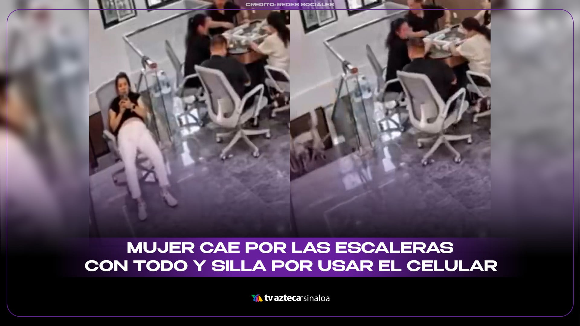 VIDEO| ¡Por estar con el celular! Mujer cae por las escaleras con todo y silla