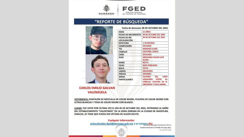 Buscan a Carlos Emilio en Mazatlán
