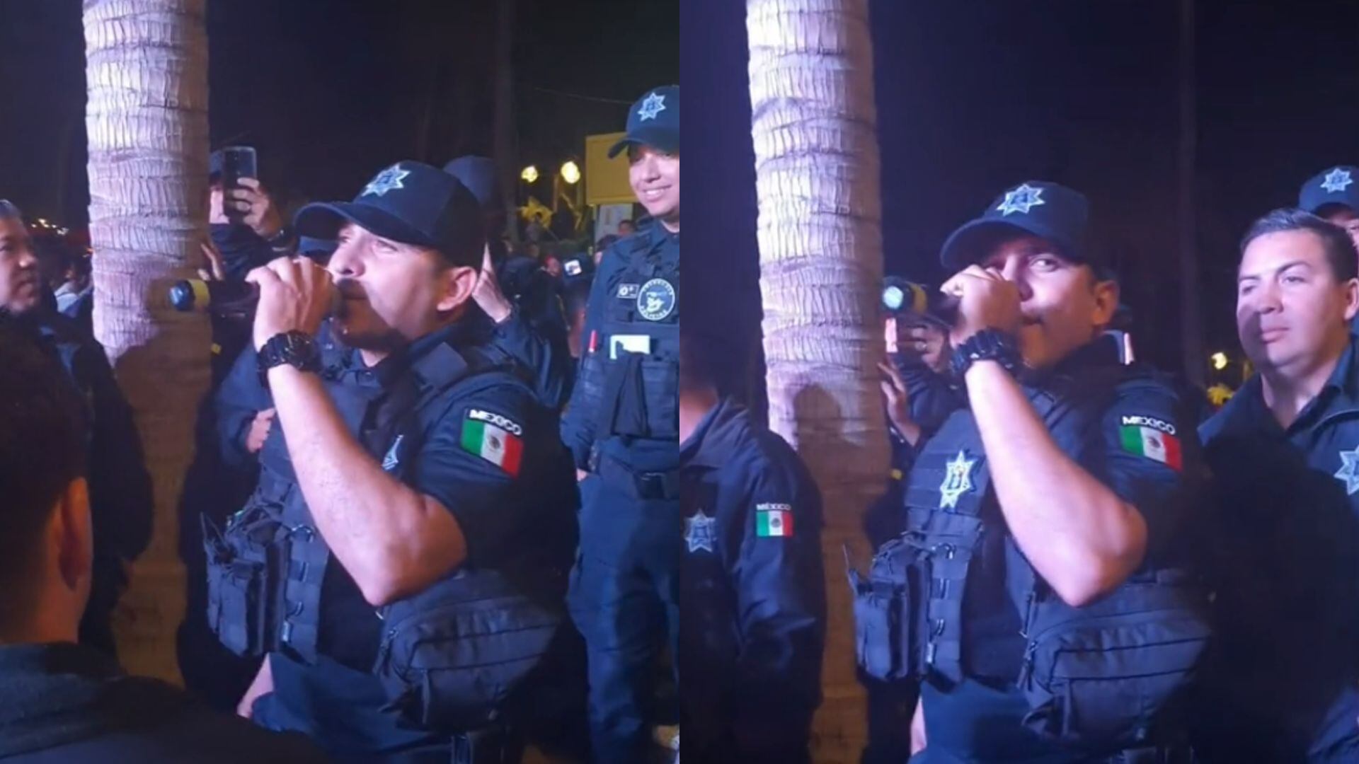 Policía de Mazatán cantando durante el Carnaval