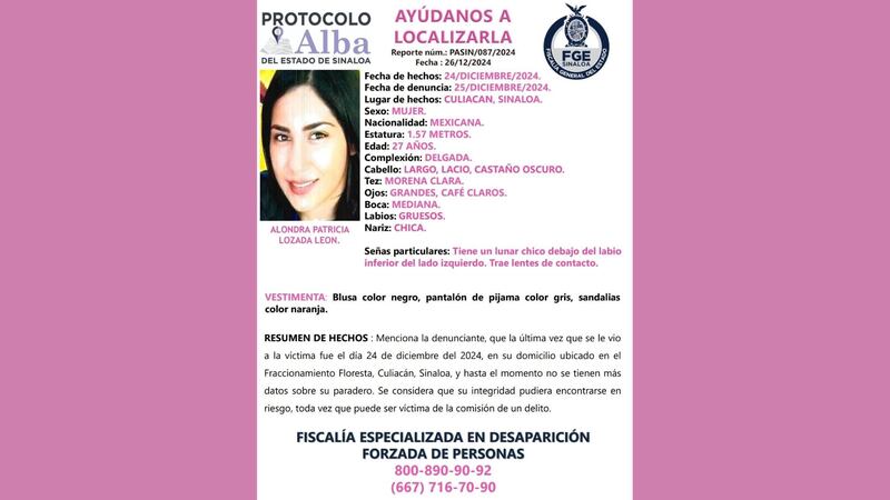 Ficha de búsqueda de Alondra Patricia, joven desaparecida en Culiacán