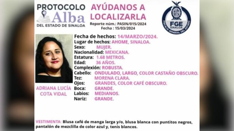 Ficha de búsqueda de Adriana Lucía, en Ahome