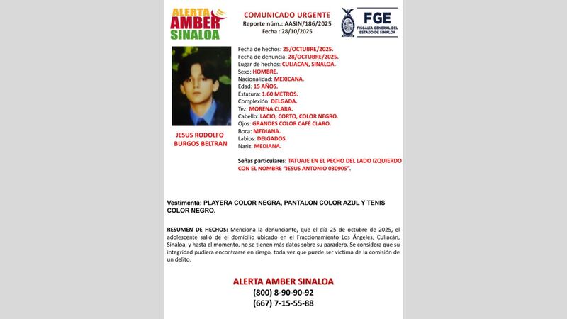 Buscan a Jesús Rodolfo, adolescente de Culiacán